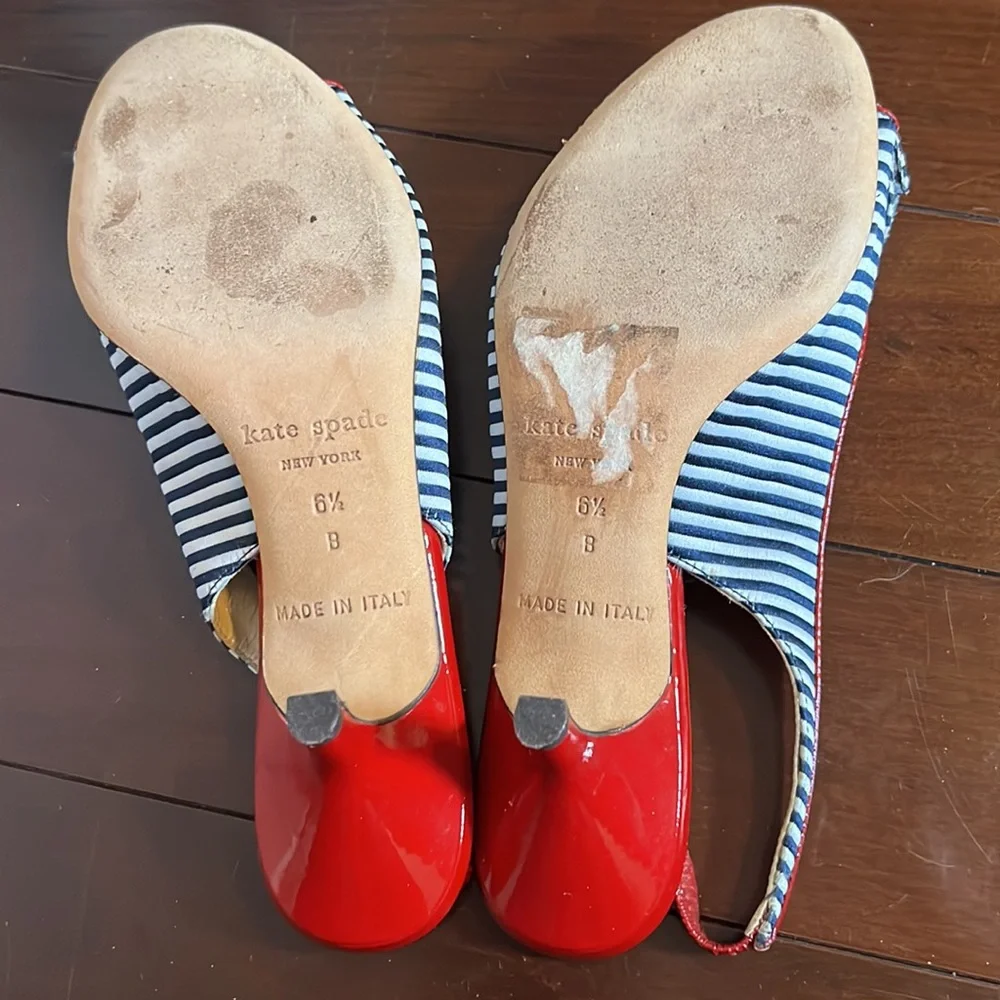 Striped (black/white with red accents) Kate Spade slingback kitten heels